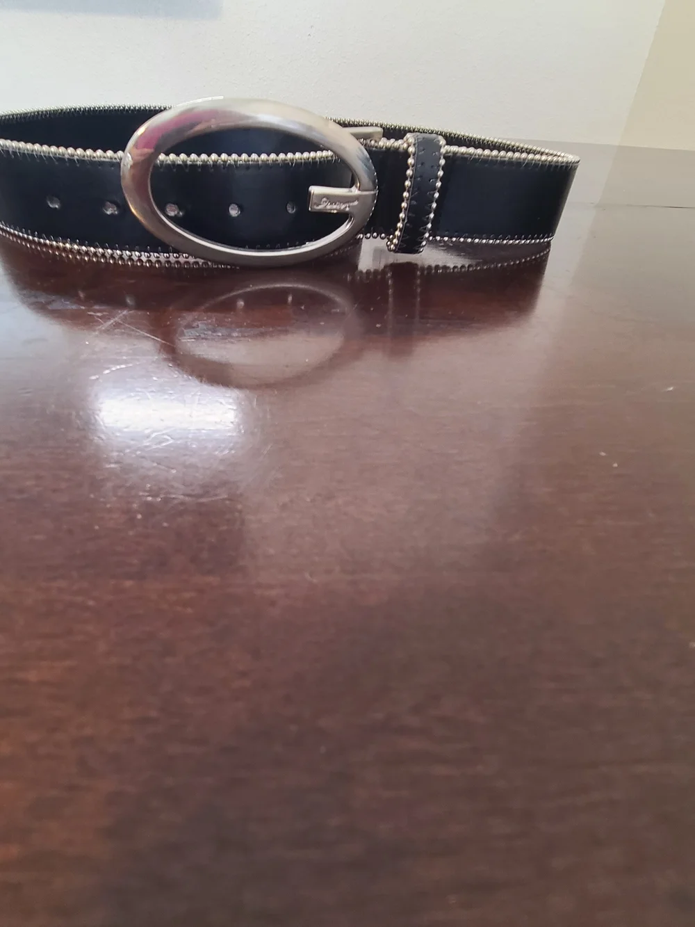 Guess Black Leather-Look Belt with Silver Beaded Edge